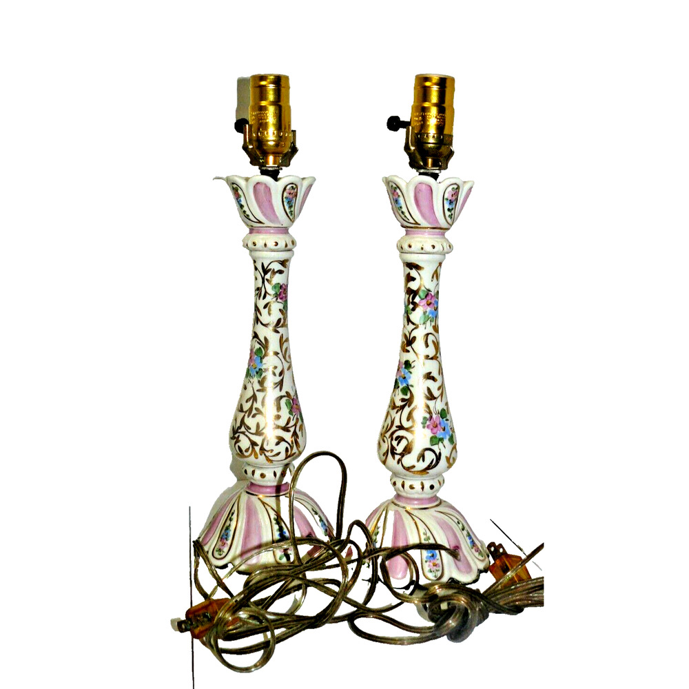 Gilted Pink Blue White Floral Porcelain Pair of Lamps Victorian Style Vintage - Picture 2 of 6